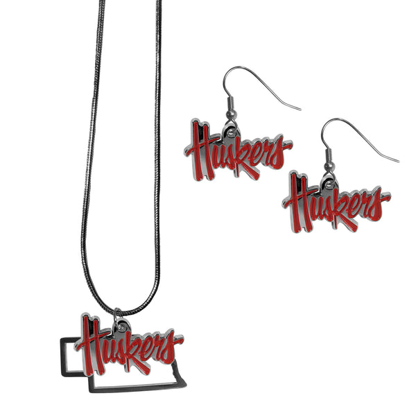 Nebraska Cornhuskers Dangle Earrings and State Necklace Set