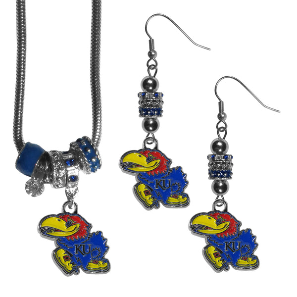 Kansas Jayhawks Euro Bead Earrings and Necklace Set