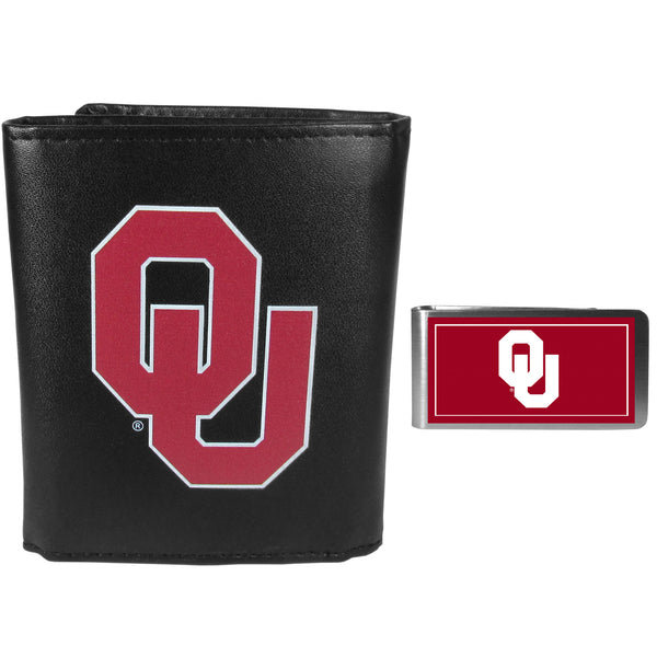 Oklahoma Sooners Leather Tri-fold Wallet & Color Money Clip
