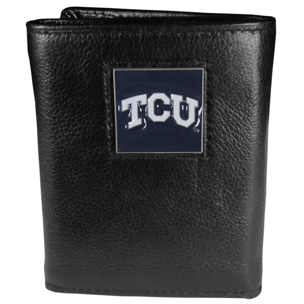 TCU Horned Frogs Deluxe Leather Tri-fold Wallet Packaged in Gift Box