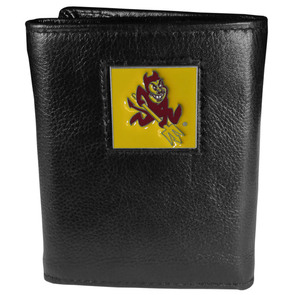 Arizona St. Sun Devils Deluxe Leather Tri-fold Wallet Packaged in Gift Box