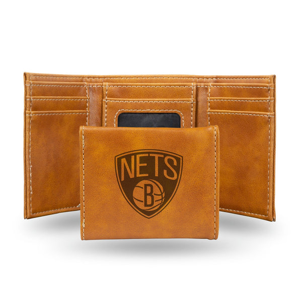 Wholesale NBA Brooklyn Nets Laser Engraved Brown Tri-Fold Wallet - Men's Accessory By Rico Industries