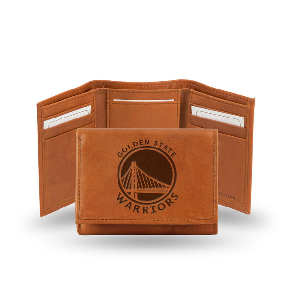 Wholesale NBA Golden State Warriors Brown Embossed Genuine Leather Tri-Fold Wallet By Rico Industries