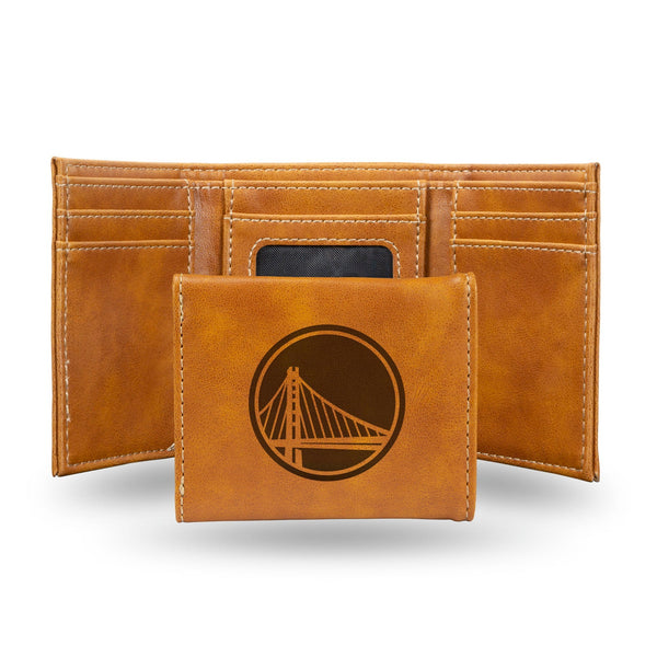 Wholesale NBA Golden State Warriors Laser Engraved Brown Tri-Fold Wallet - Men's Accessory By Rico Industries