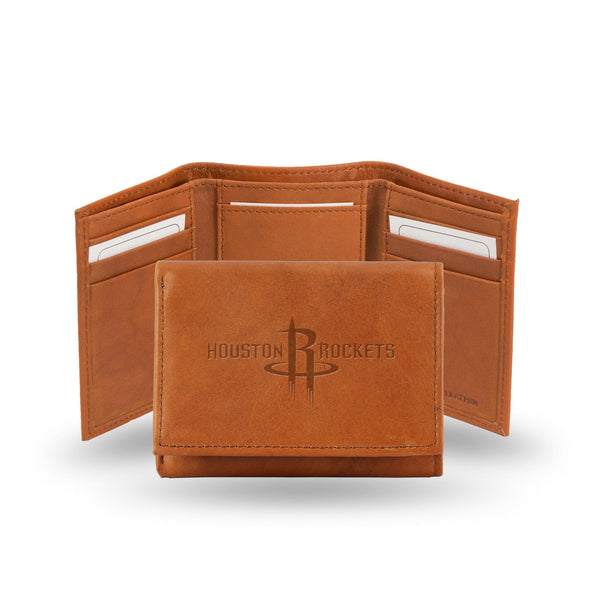 Wholesale NBA Houston Rockets Brown Embossed Genuine Leather Tri-Fold Wallet By Rico Industries