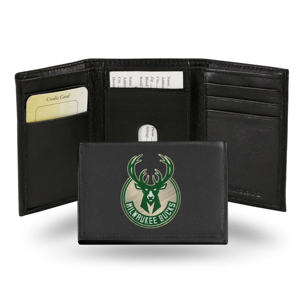 Wholesale NBA Milwaukee Bucks Embroidered Genuine Leather Tri-fold Wallet 3.25" x 4.25" - Slim By Rico Industries