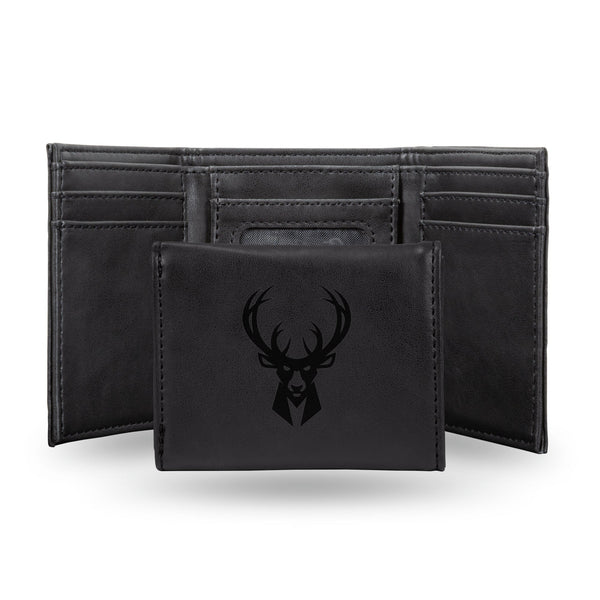 Wholesale NBA Milwaukee Bucks Laser Engraved Black Tri-Fold Wallet - Men's Accessory By Rico Industries