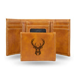 Wholesale NBA Milwaukee Bucks Laser Engraved Brown Tri-Fold Wallet - Men's Accessory By Rico Industries