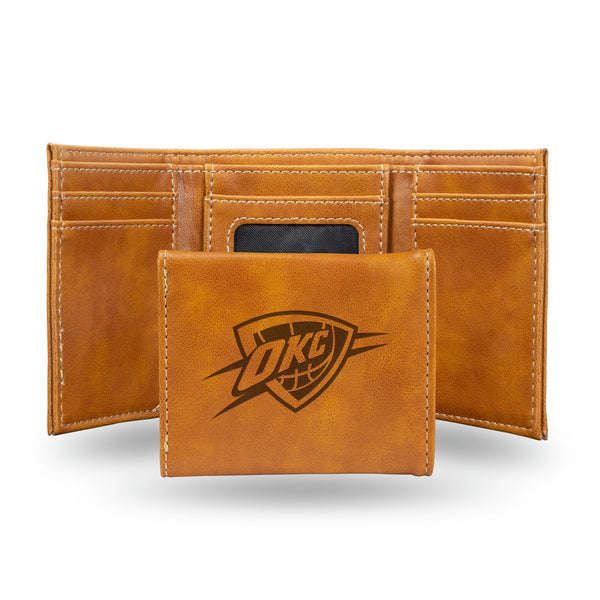 Wholesale NBA Oklahoma City Thunder Laser Engraved Brown Tri-Fold Wallet - Men's Accessory By Rico Industries