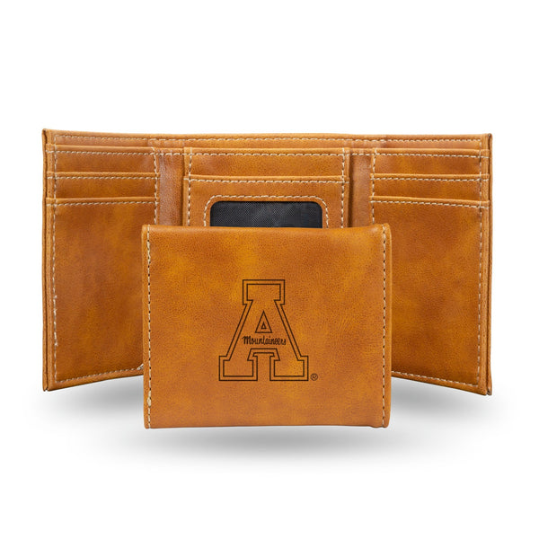 Wholesale NCAA Appalachian State Mountaineers Laser Engraved Brown Tri-Fold Wallet - Men's Accessory By Rico Industries