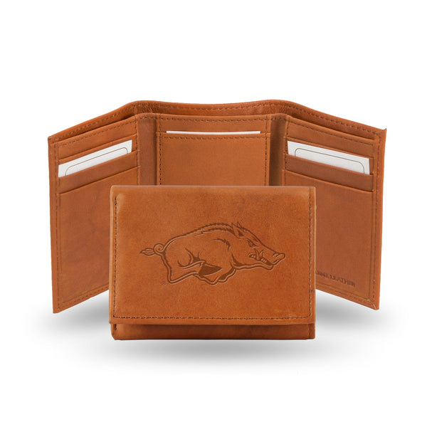 Wholesale NCAA Arkansas Razorbacks Brown Embossed Genuine Leather Tri-Fold Wallet By Rico Industries