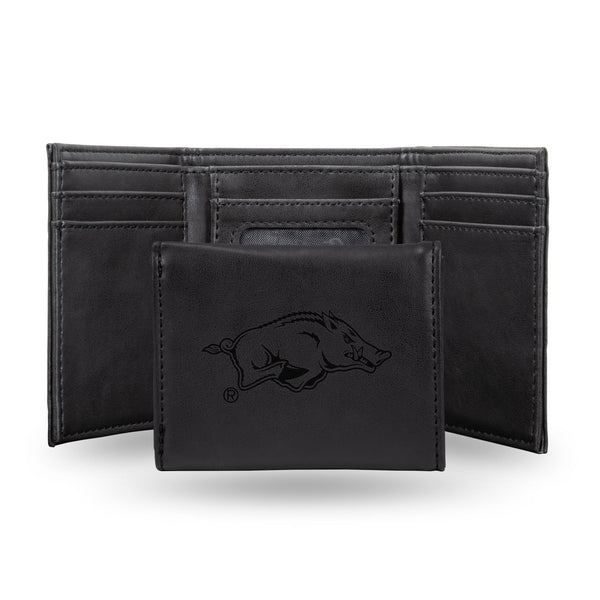 Wholesale NCAA Arkansas Razorbacks Laser Engraved Black Tri-Fold Wallet - Men's Accessory By Rico Industries
