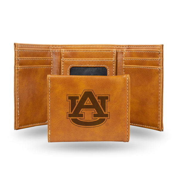Wholesale NCAA Auburn Tigers Laser Engraved Brown Tri-Fold Wallet - Men's Accessory By Rico Industries