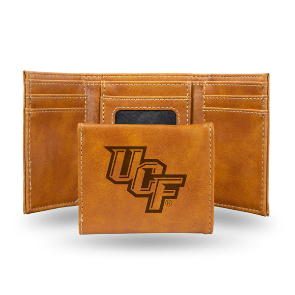 Wholesale NCAA Central Florida Knights Laser Engraved Brown Tri-Fold Wallet - Men's Accessory By Rico Industries