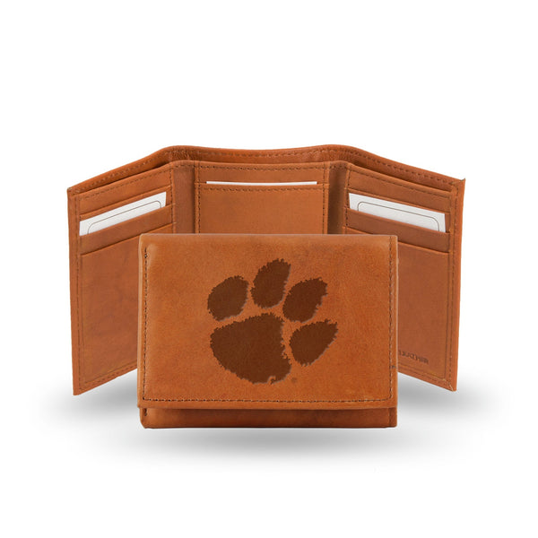 Wholesale NCAA Clemson Tigers Brown Embossed Genuine Leather Tri-Fold Wallet By Rico Industries