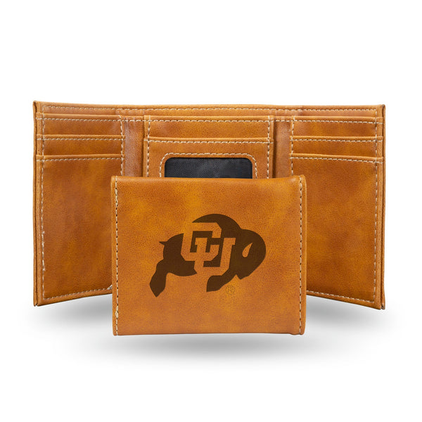 Wholesale NCAA Colorado Buffaloes Laser Engraved Brown Tri-Fold Wallet - Men's Accessory By Rico Industries