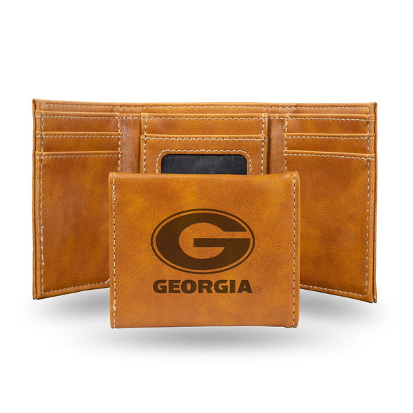 Wholesale NCAA Georgia Bulldogs Laser Engraved Brown Tri-Fold Wallet - Men's Accessory By Rico Industries