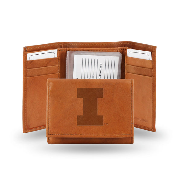 Wholesale NCAA Illinois Fighting Illini Brown Embossed Genuine Leather Tri-Fold Wallet By Rico Industries