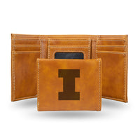 Wholesale NCAA Illinois Fighting Illini Laser Engraved Brown Tri-Fold Wallet - Men's Accessory By Rico Industries