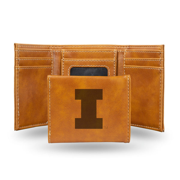 Wholesale NCAA Illinois Fighting Illini Laser Engraved Brown Tri-Fold Wallet - Men's Accessory By Rico Industries