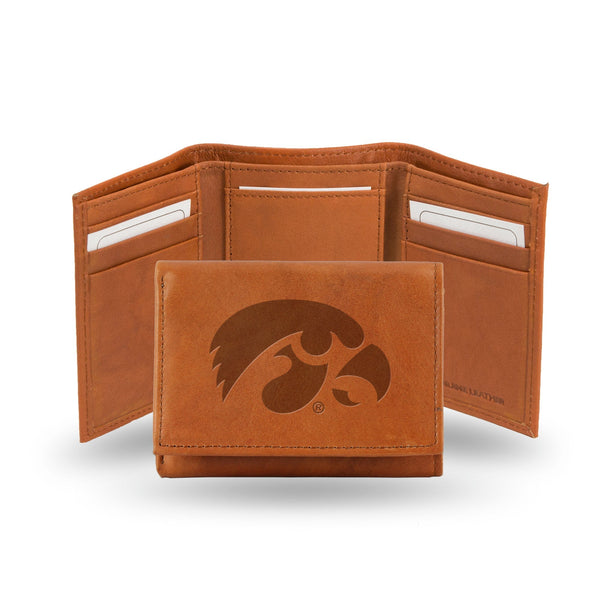 Wholesale NCAA Iowa Hawkeyes Brown Embossed Genuine Leather Tri-Fold Wallet By Rico Industries