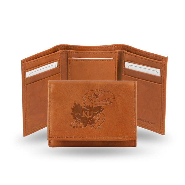 Wholesale NCAA Kansas Jayhawks Brown Embossed Genuine Leather Tri-Fold Wallet By Rico Industries