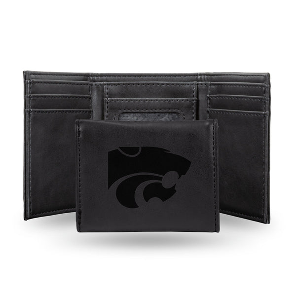 Wholesale NCAA Kansas State Wildcats Laser Engraved Black Tri-Fold Wallet - Men's Accessory By Rico Industries