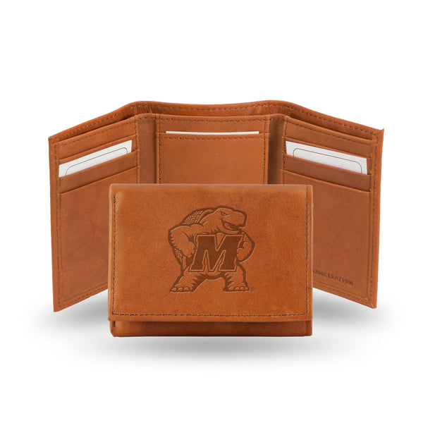 Wholesale NCAA Maryland Terrapins Brown Embossed Genuine Leather Tri-Fold Wallet By Rico Industries