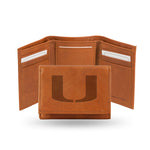 Wholesale NCAA Miami Hurricanes Brown Embossed Genuine Leather Tri-Fold Wallet By Rico Industries