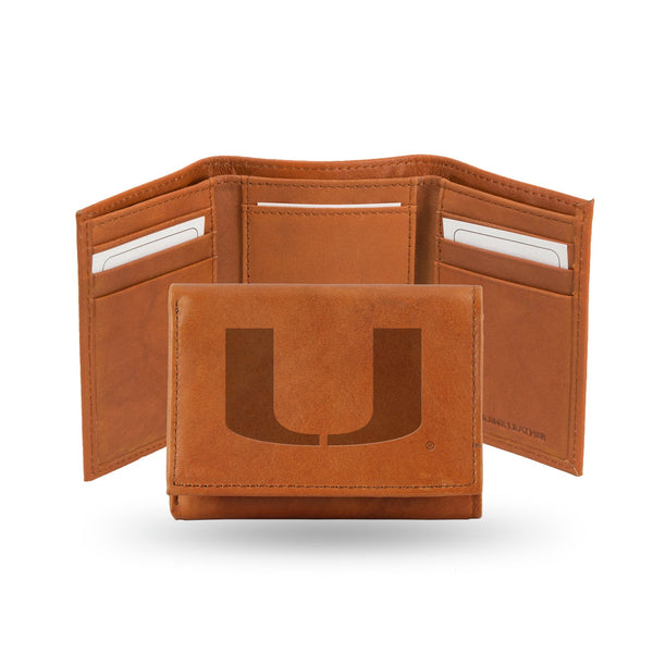 Wholesale NCAA Miami Hurricanes Brown Embossed Genuine Leather Tri-Fold Wallet By Rico Industries
