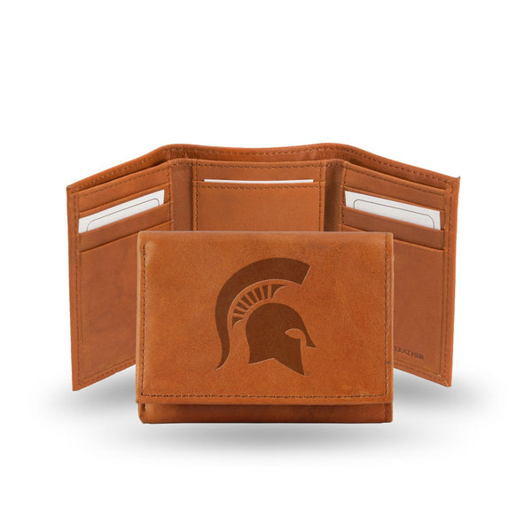 Wholesale NCAA Michigan State Spartans Brown Embossed Genuine Leather Tri-Fold Wallet By Rico Industries