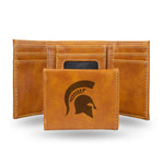 Wholesale NCAA Michigan State Spartans Laser Engraved Brown Tri-Fold Wallet - Men's Accessory By Rico Industries