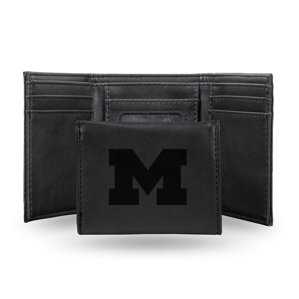 Wholesale NCAA Michigan Wolverines Laser Engraved Black Tri-Fold Wallet - Men's Accessory By Rico Industries