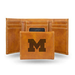 Wholesale NCAA Michigan Wolverines Laser Engraved Brown Tri-Fold Wallet - Men's Accessory By Rico Industries