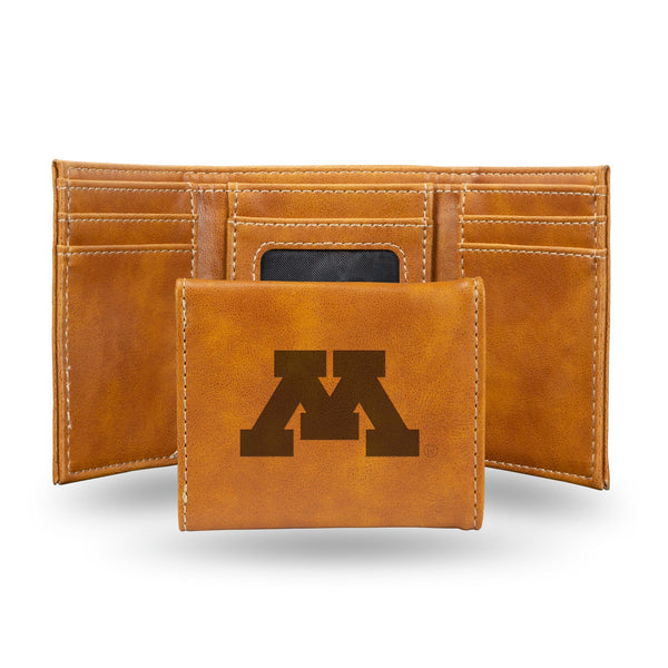 Wholesale NCAA Minnesota Golden Gophers Laser Engraved Brown Tri-Fold Wallet - Men's Accessory By Rico Industries