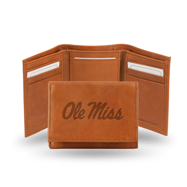 Wholesale NCAA Mississippi Rebels Brown Embossed Genuine Leather Tri-Fold Wallet By Rico Industries