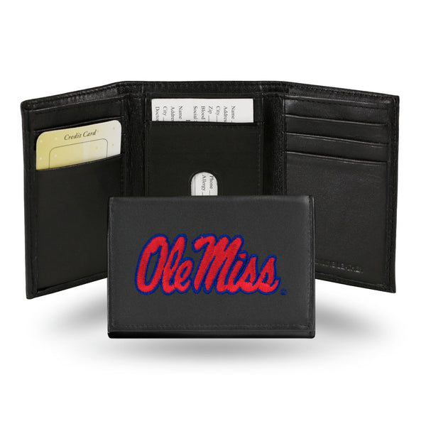 Wholesale NCAA Mississippi Rebels Embroidered Genuine Leather Tri-fold Wallet 3.25" x 4.25" - Slim By Rico Industries