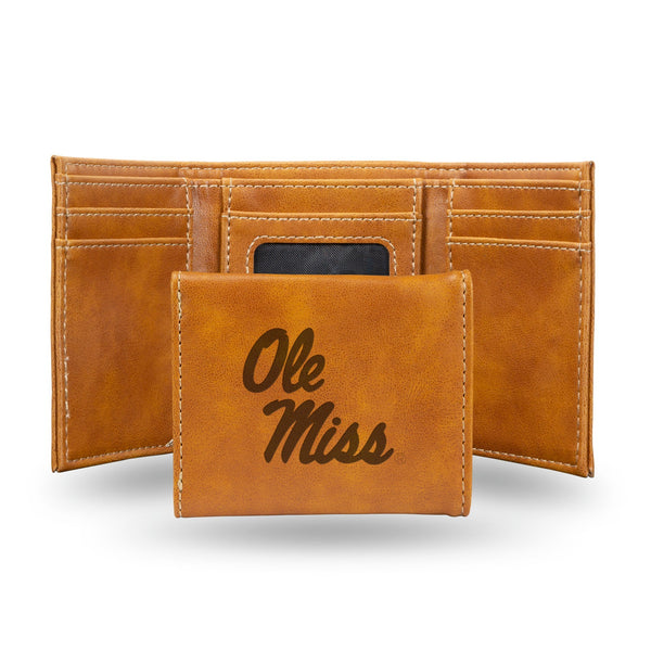 Wholesale NCAA Mississippi Rebels Laser Engraved Brown Tri-Fold Wallet - Men's Accessory By Rico Industries