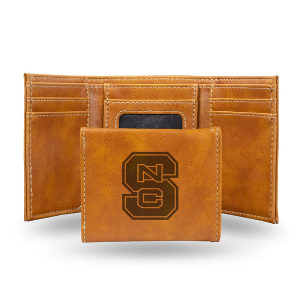 Wholesale NCAA N.Carolina State Wolfpack Laser Engraved Brown Tri-Fold Wallet - Men's Accessory By Rico Industries