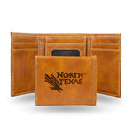 Wholesale NCAA North Texas Mean Green Laser Engraved Brown Tri-Fold Wallet - Men's Accessory By Rico Industries