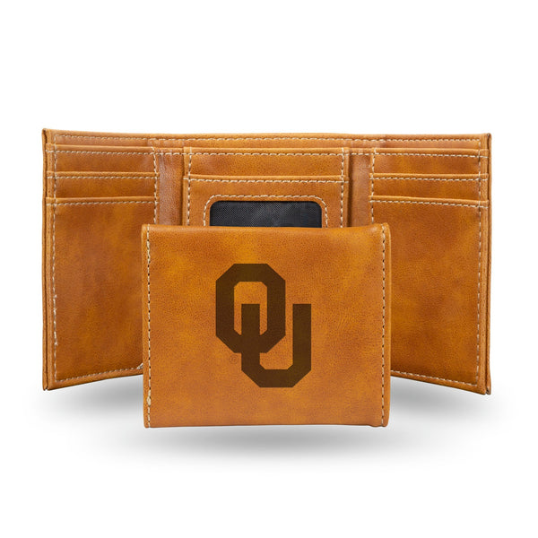 Wholesale NCAA Oklahoma Sooners Laser Engraved Brown Tri-Fold Wallet - Men's Accessory By Rico Industries