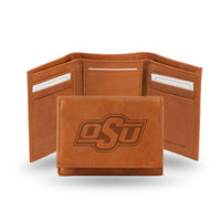 Wholesale NCAA Oklahoma State Cowboys Brown Embossed Genuine Leather Tri-Fold Wallet By Rico Industries