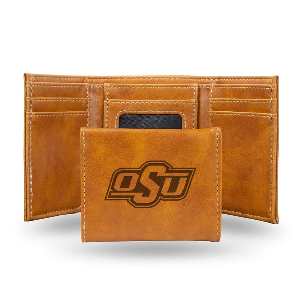 Wholesale NCAA Oklahoma State Cowboys Laser Engraved Brown Tri-Fold Wallet - Men's Accessory By Rico Industries