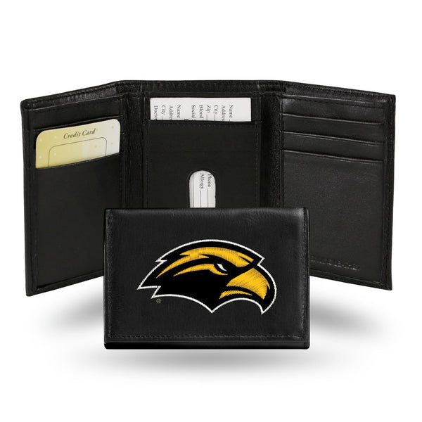 Wholesale NCAA Southern Mississippi Golden Eagles Embroidered Genuine Leather Tri-fold Wallet 3.25" x 4.25" - Slim By Rico Industries