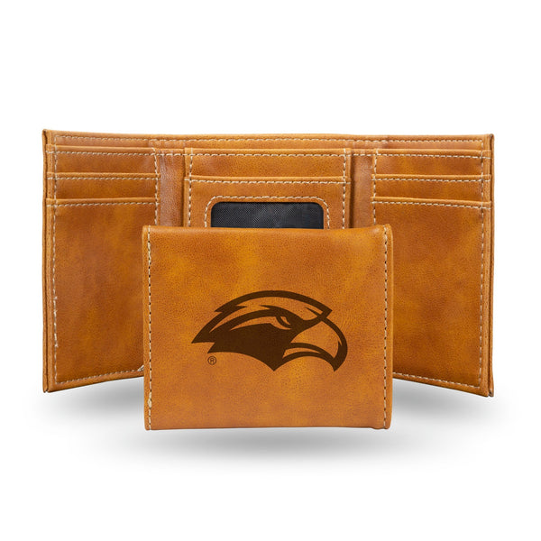 Wholesale NCAA Southern Mississippi Golden Eagles Laser Engraved Brown Tri-Fold Wallet - Men's Accessory By Rico Industries