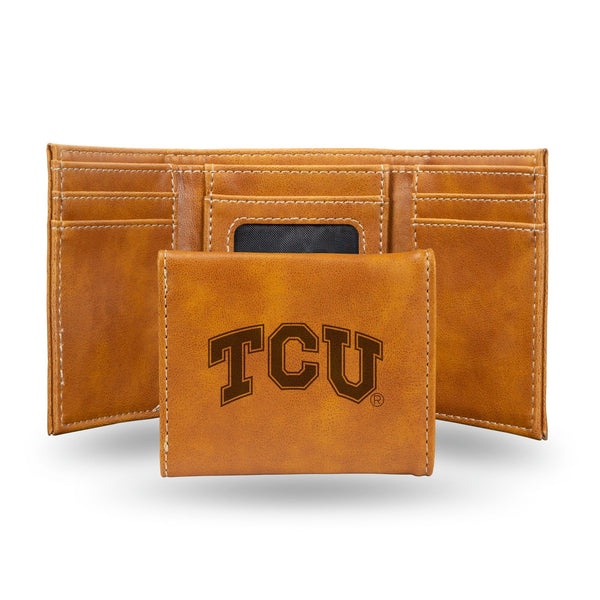 Wholesale NCAA TCU Horned Frogs Laser Engraved Brown Tri-Fold Wallet - Men's Accessory By Rico Industries
