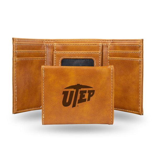 Wholesale NCAA Texas-El Paso Miners Laser Engraved Brown Tri-Fold Wallet - Men's Accessory By Rico Industries
