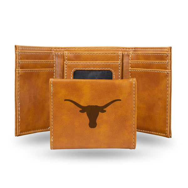 Wholesale NCAA Texas Longhorns Laser Engraved Brown Tri-Fold Wallet - Men's Accessory By Rico Industries
