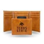 Wholesale NCAA Texas State Bobcats Laser Engraved Brown Tri-Fold Wallet - Men's Accessory By Rico Industries