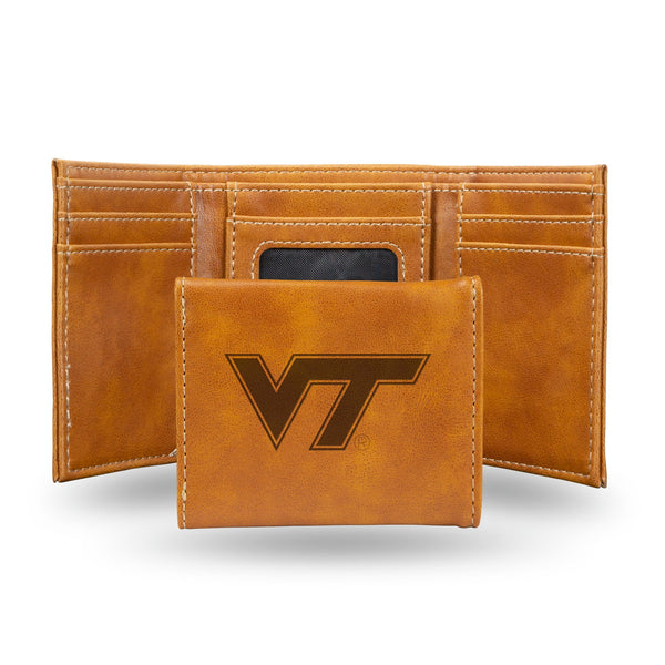 Wholesale NCAA Virginia Tech Hokies Laser Engraved Brown Tri-Fold Wallet - Men's Accessory By Rico Industries